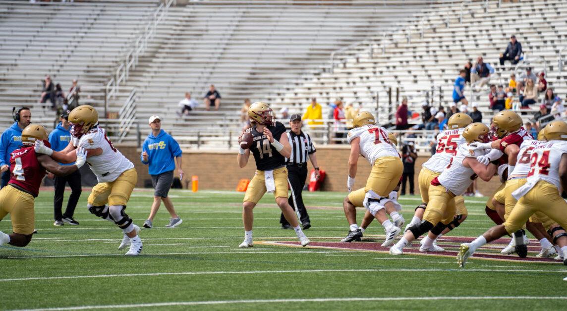 BC's projected starting quarterback, Emmett Morehead, looks downfield to fire a pass in Spring football practice. (Kenneth Chen / Heights Staff)