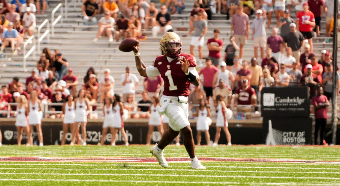 BC quarterback Thomas Castellanos rolls out to his left to find an open receiver. (Nicole Wei / Heights Staff) 