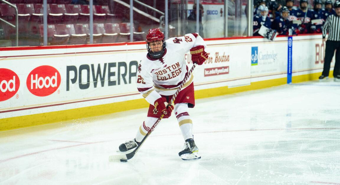 Sidney Fess, pictured above, tallied one goal in BC’s 5–3 loss on Thursday. (Kenneth Chen / Heights Staff)