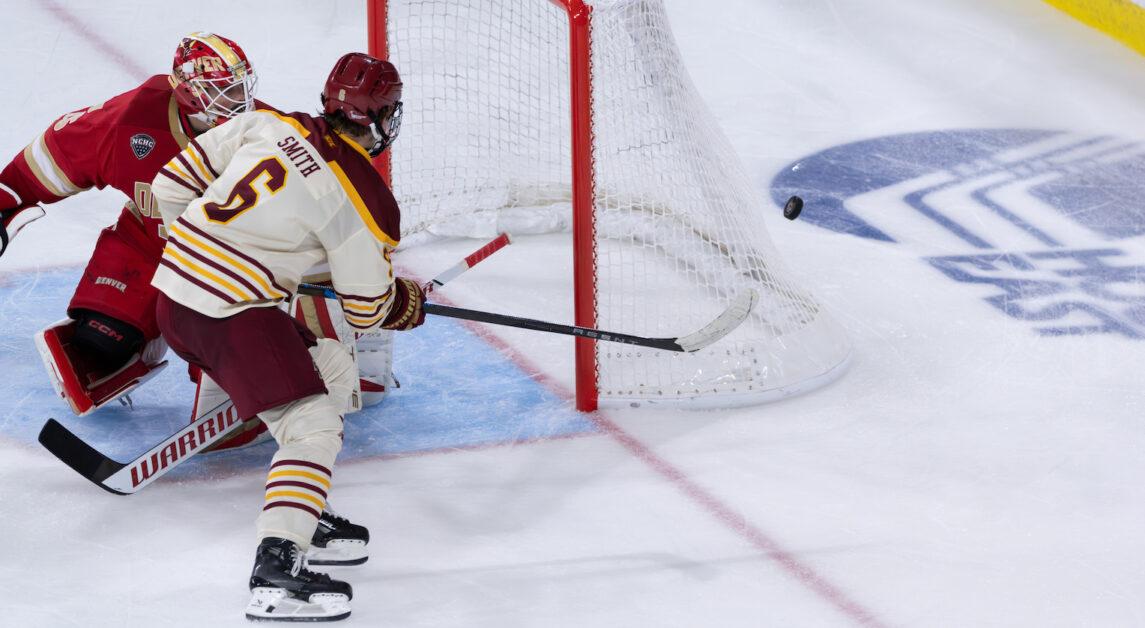 After notching his first goal of the season against RPI Friday night, freshman forward Will Smith, pictured, led the Eagles in scoring with two goals against the Pioneers on Saturday. (Paul Criado / Heights Staff)