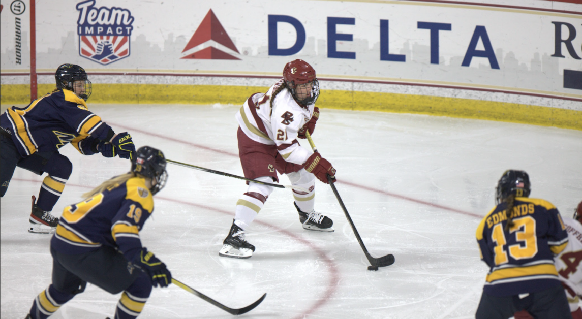 BC captain Abby Newhook, pictured, placed four shots on net in the contest and won 10 faceoffs. (Owen Bienen / Heights Staff) 