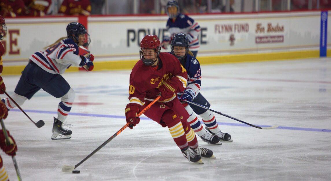 Despite earning the home victory, BC was outshot by UConn 36–30 and registered more penalties in the contest. (Owen Bienen / Heights Staff)