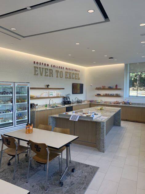 The Hoag Pavilion features new player locker rooms and lounge areas, a sports medicine center, and a nutrition center on the first floor for BC's basketball programs.