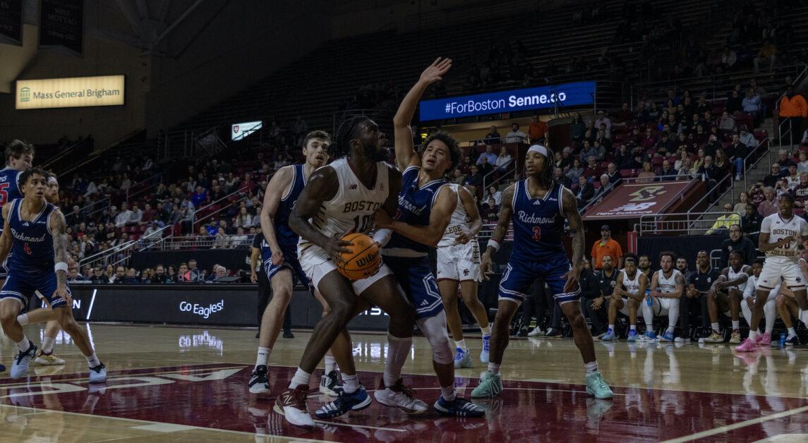 Prince Aligbe, pictured above, finished with 15 points and 10 rebounds in BC's third straight win. (Kellen Davis / Heights Staff)