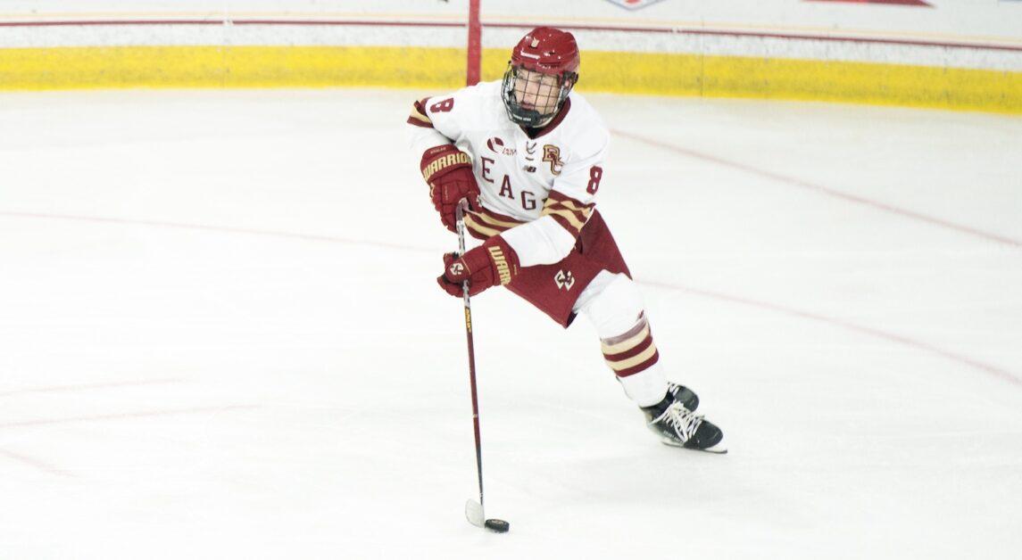 Defenseman Lukas Gustafsson, pictured above, tallied an assist on BC's sole power-play goal of the contest. (Alina Chen / Heights Staff)