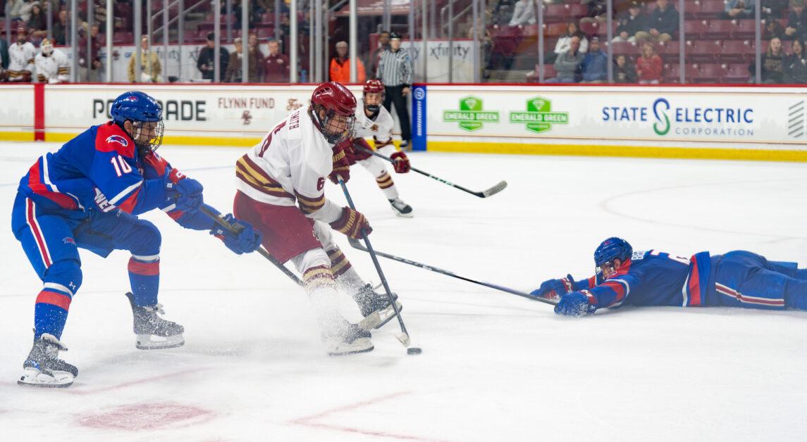 The Eagles notched two power-play goals in the contest off the sticks of Cutter Gauthier (8) and Will Smith (5), pictured above. (Paul Criado / Heights Staff)