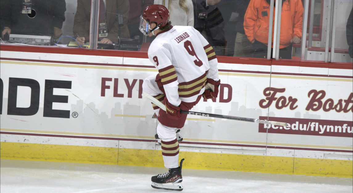 Freshman forward Ryan Leonard, pictured above, notched his fourth goal, and eighth point, of the season in Friday's loss. (Owen Bienen / Heights Contributor)