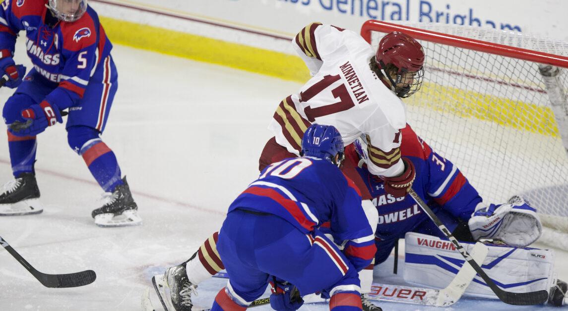 Aram Minnetian’s third period goal gave BC a 3–2 edge over UMass Lowell. (Owen Bienen / Heights Staff)