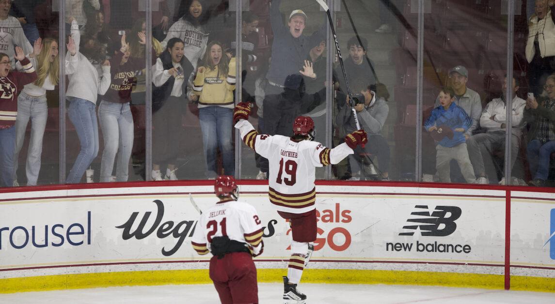 Cutter Gauthier, pictured above, tallied three points in the overtime win. (Owen Bienen / Heights Staff)
