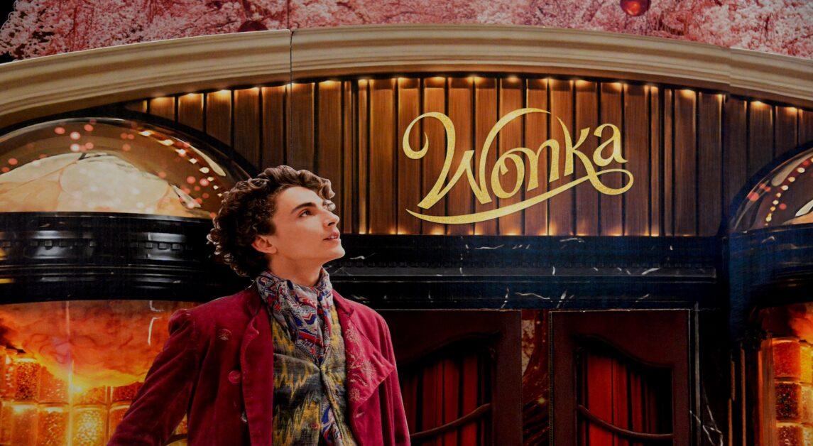 Bangkok, Thailand - November 11, 2023: Standee of musical fantasy movie Wonka displays at the theater. It is a story of Willy Wonka from a novel Charlie and the Chocolate Factory by Roald Dahl.