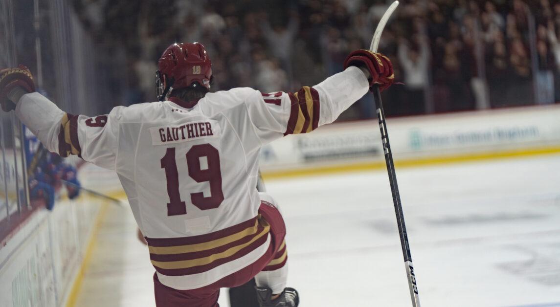 Cutter Gauthier scored the first hat trick of his collegiate career in BC's win. (Paul Criado / Heights Staff)