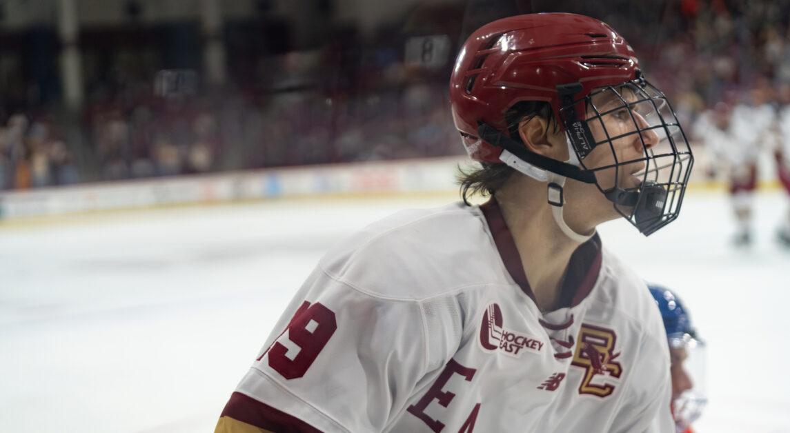 Cutter Gauthier, pictured, scored his 20th and 21st goals of the season in the Eagles’ win. (Paul Criado / Heights Staff)