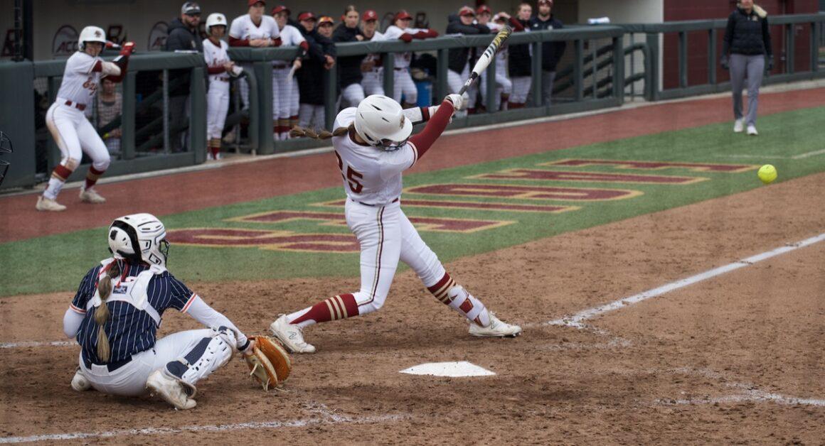 In the Eagles' matchup against Syracuse on Saturday, Hannah Slike delivered the game-winning RBI in the last inning to give the Eagles the victory. (Matthew Mao / Heights Staff)