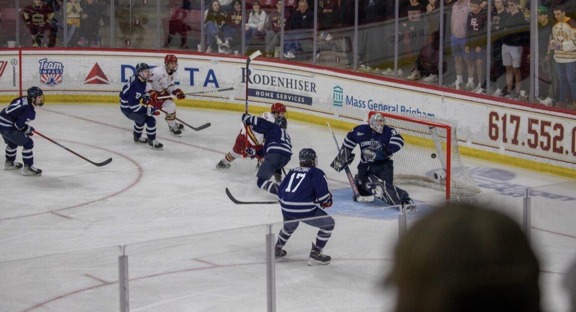 In BC's matchup against UConn, Jack Malone scored two goals for the Eagles, including the game-winning goal with less than six minutes left to play in the final frame. (Emily Ahern / Heights Editor). 