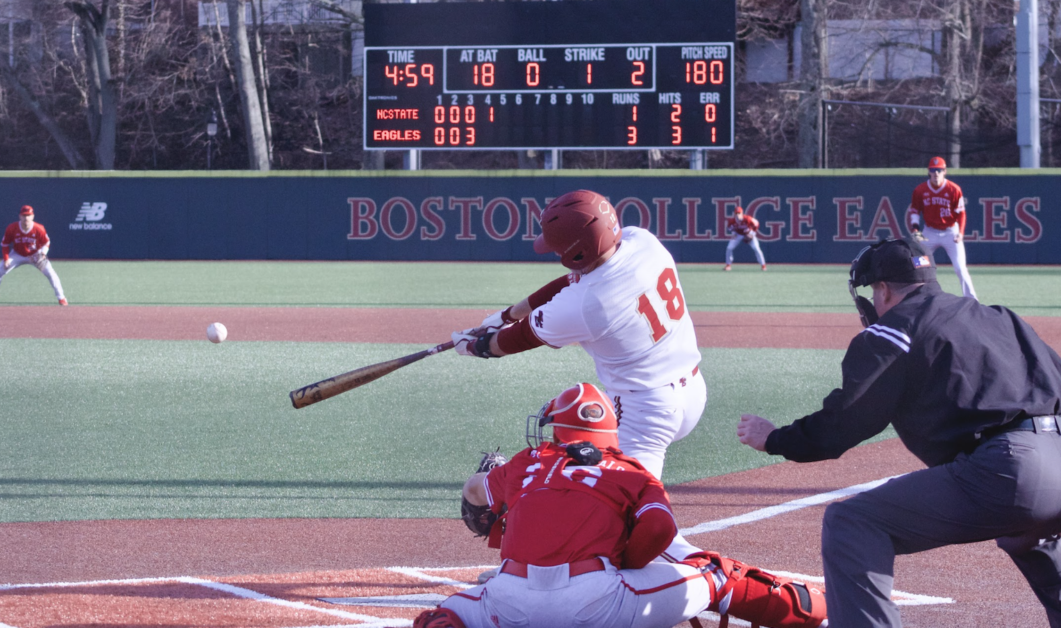Cameron Leary and Kyle Wolff hit back-to-back solo shots in BC’s loss Sunday loss.  (Alina Chen / Heights Staff) 