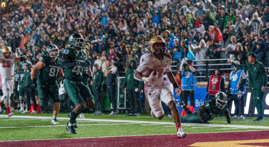 Running back Treshaun Ward, pictured, made it rain Saturday night against the Spartans, attacking the defense with 102 rushing yards including a 36-yard rushing touchdown in the Eagles’ victory. (Chris Ticas / Heights Editor)