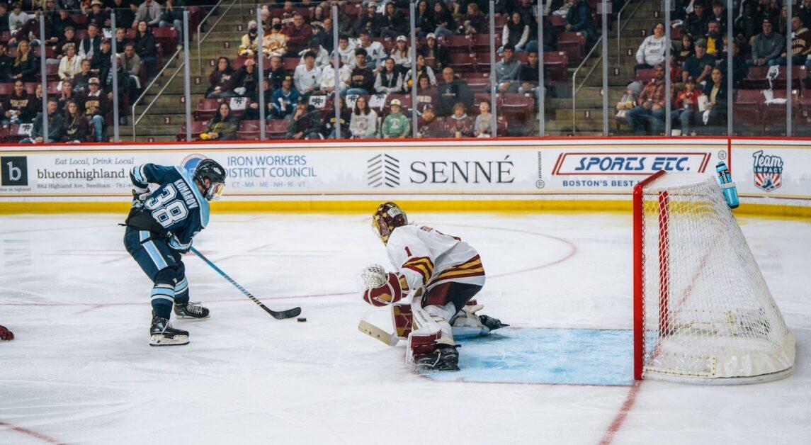 Jacob Fowler, pictured, kept the Black Bears scoreless in four of six periods of the series. (Henry Hurd / Heights Staff) 