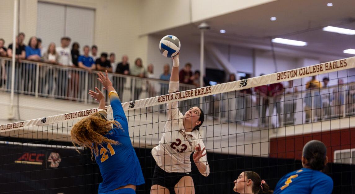 Julia Haggerty logged 10 kills and 11 blocks in BC's win. (Sarah Fleming / Heights Editor)