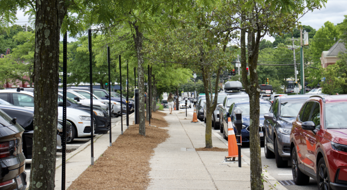 The proposal calls for replacing 51 parking spaces in the heart of Newton Centre. (Genevieve Morrison / Heights Editor)